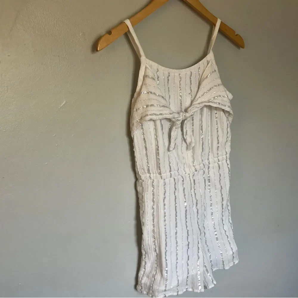 Justice Girl’s Bow Front Silver Sripe Spaghetti Strap Romper Medium White 10